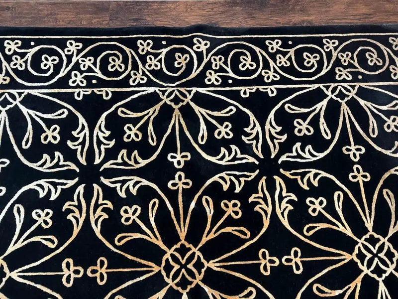 Tibetan Rug 8x10, Wool and Silk, Raised Pattern, Black and Gold, Floral by Jewel Rugs