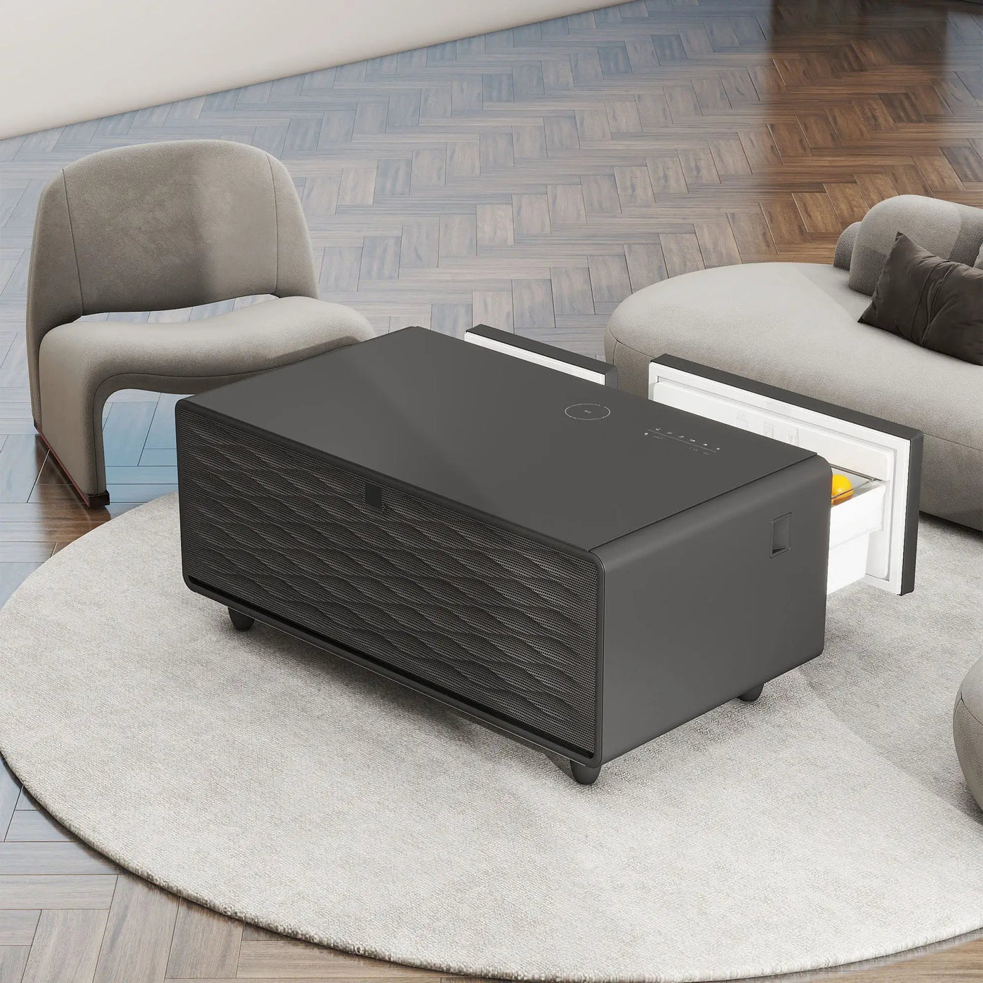 Modern Smart Coffee Table With Built-In Fridge - tooth Speaker, Wireless Charging, Touch Control Panel, USB Interface, Outlet Protection, Atmosphere Light by HouseOfZazla