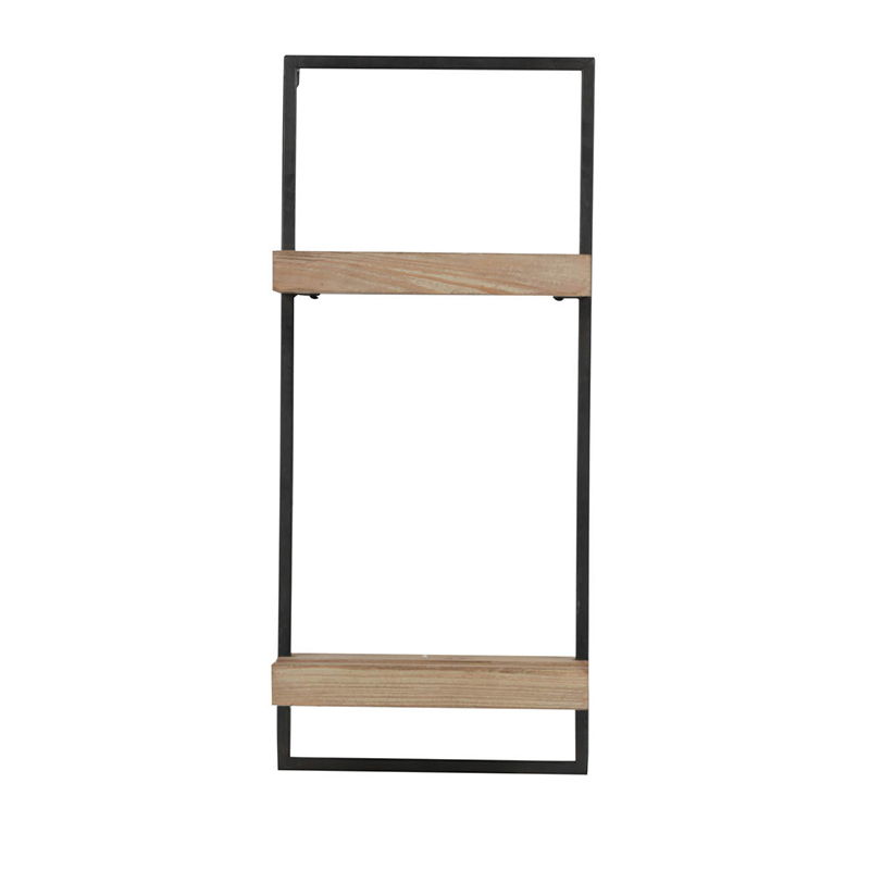 Black Brown Wall Shelf with Two Shelves - Iron and Fir Wood
