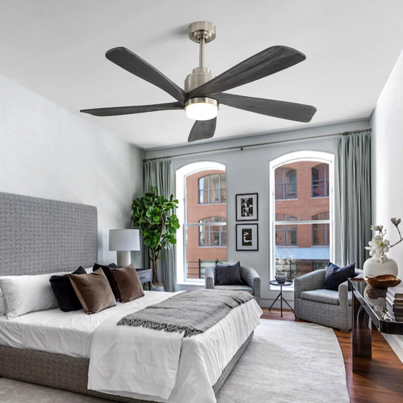 Modern Ceiling Fan With Dimmable LED Light 5 Solid Wood Blades Remote Control Reversible Dc Motor With Smart App Control - Nickel by HouseOfZazla