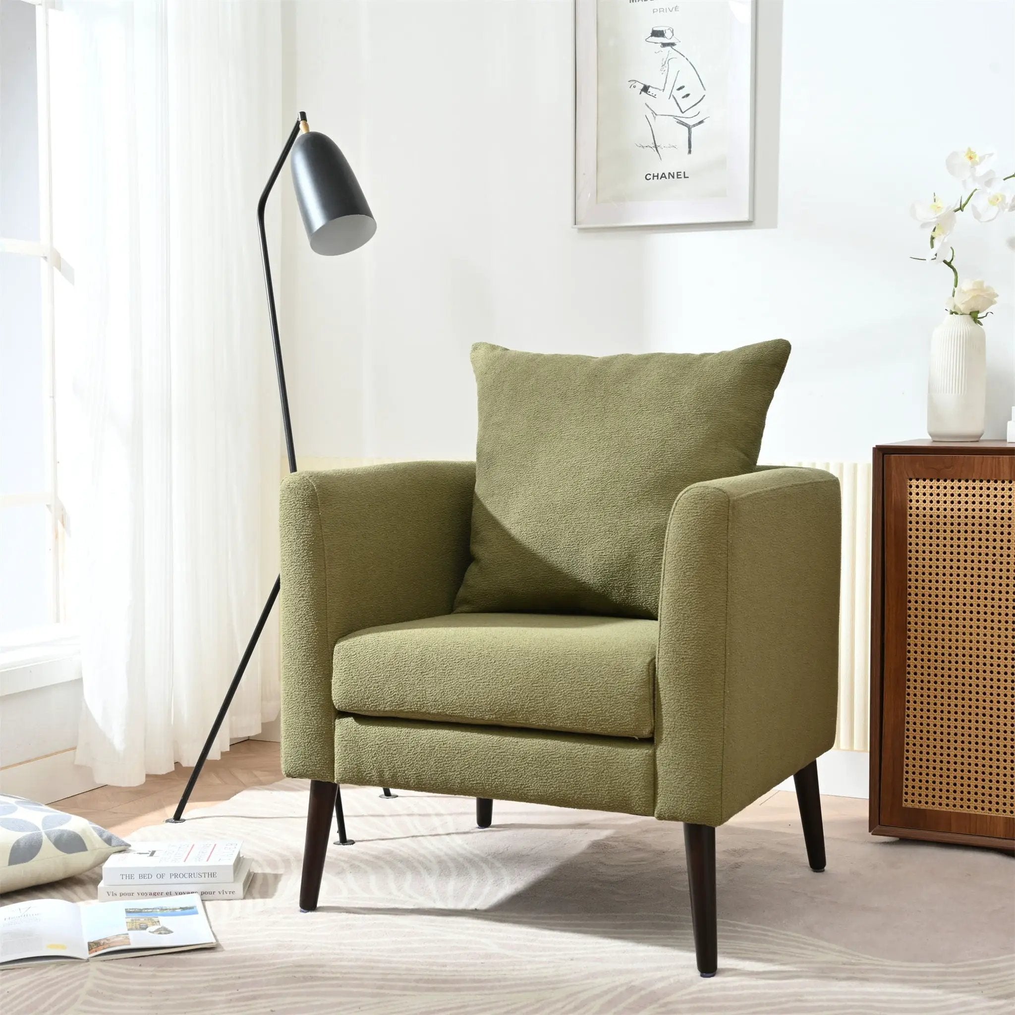 Barrel Chair, Modern Accent Chair, Fabric Armchair Club Chair, Upholstered Arm Chair With Solid Wood Legs, Waist Pillow, Padded Single Chair For Living Room / Bedroom / Study / Waiting Room - Olive Green by HouseOfZazla