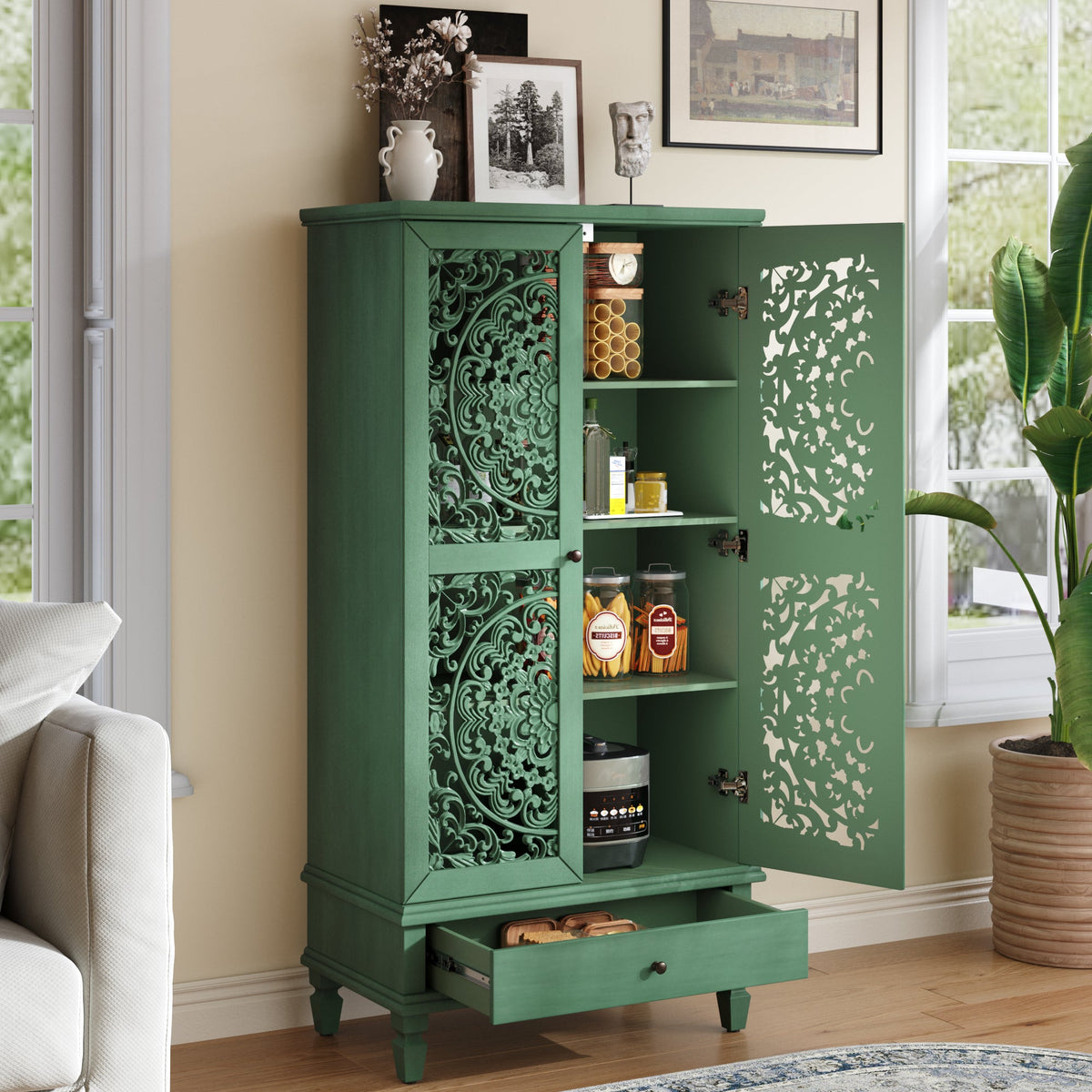 Rustic 55'' Tall Storage Cabinet with Drawer, Decorative 2-Door Carved Wood Accent Cabinet with Solid Wood Legs for Living Room, Hallway, Dining Room, photo 2 of 10