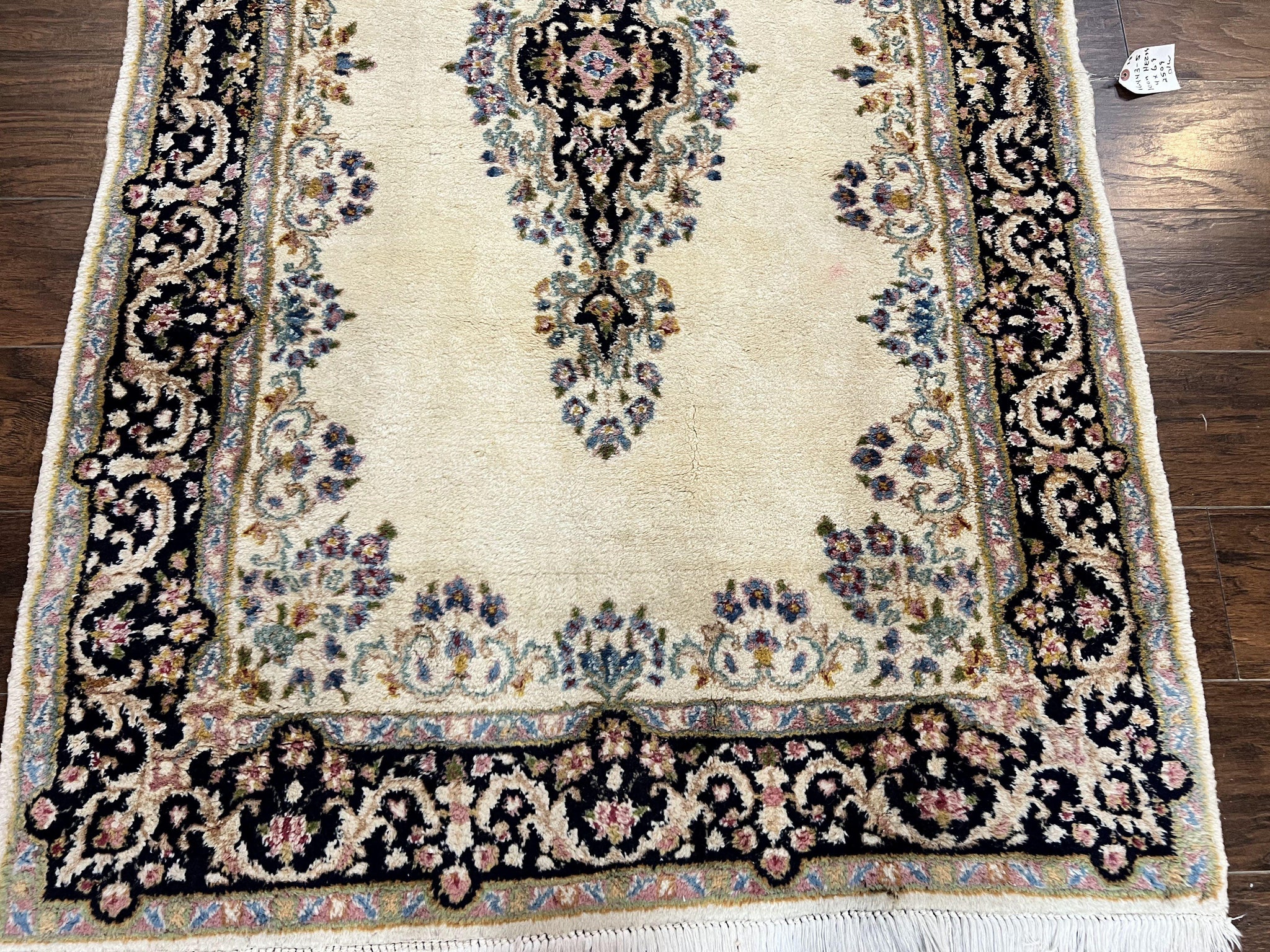 Persian Kirman Rug 4x7, Wool Hand Knotted Antique Carpet, Beige, Semi Open Field Medallion Rug, Traditional Handmade Oriental Rug by Jewel Rugs