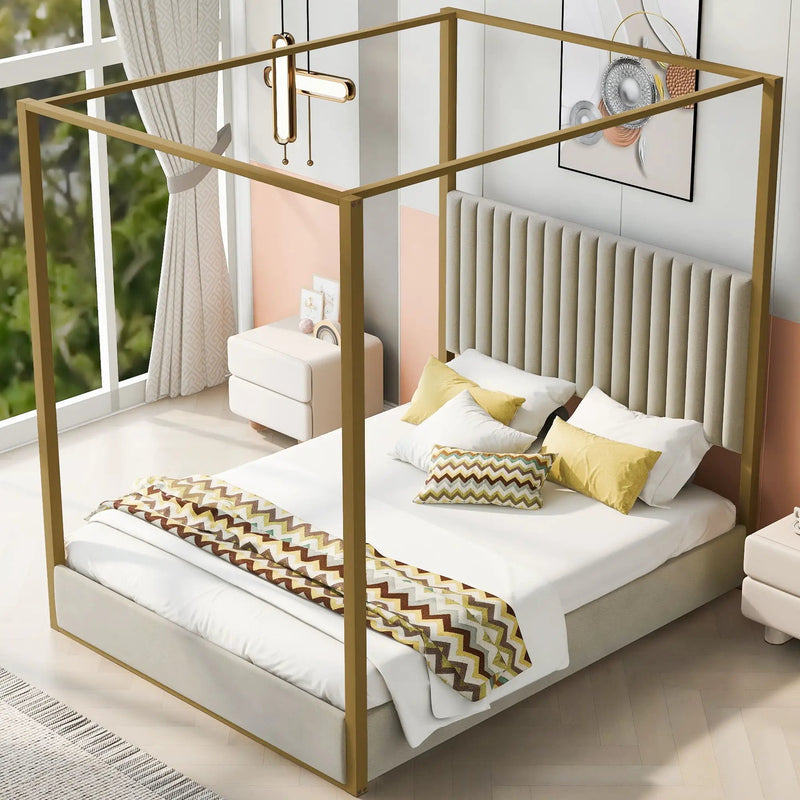 Upholstered Canopy Platform Bed With Frame, Queen Size - Beige by Unique Piece Furniture