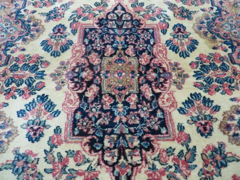 Antique Persian Kirman Rug 3.9 x 6.6, Floral Oriental Carpet, Ivory/Cream - Blue - Pink, Hand Knotted Wool Rug, Floral Medallion Rug 4x6 by Jewel Rugs