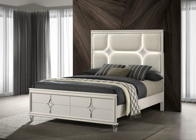 Olivia Queen Panel Bed LED Headboard Pearl White by Unique Piece Furniture