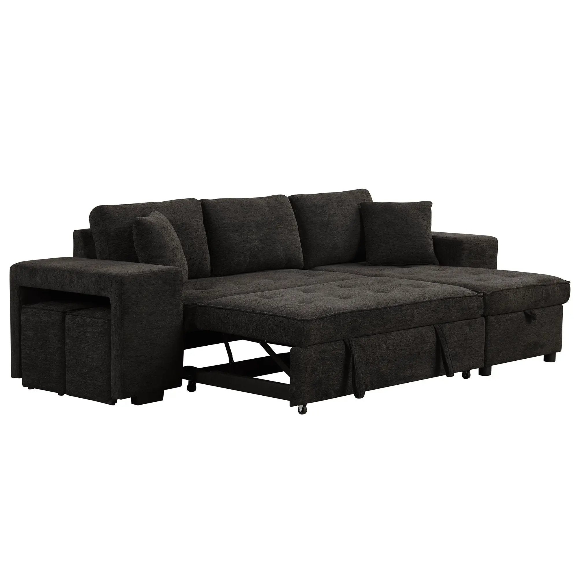 Modern L-Shape 3 Seat Reversible Sectional Couch, Pull Out Sleeper Sofa With Storage Chaise And 2 Stools For Living Room Furniture Set by HouseOfZazla