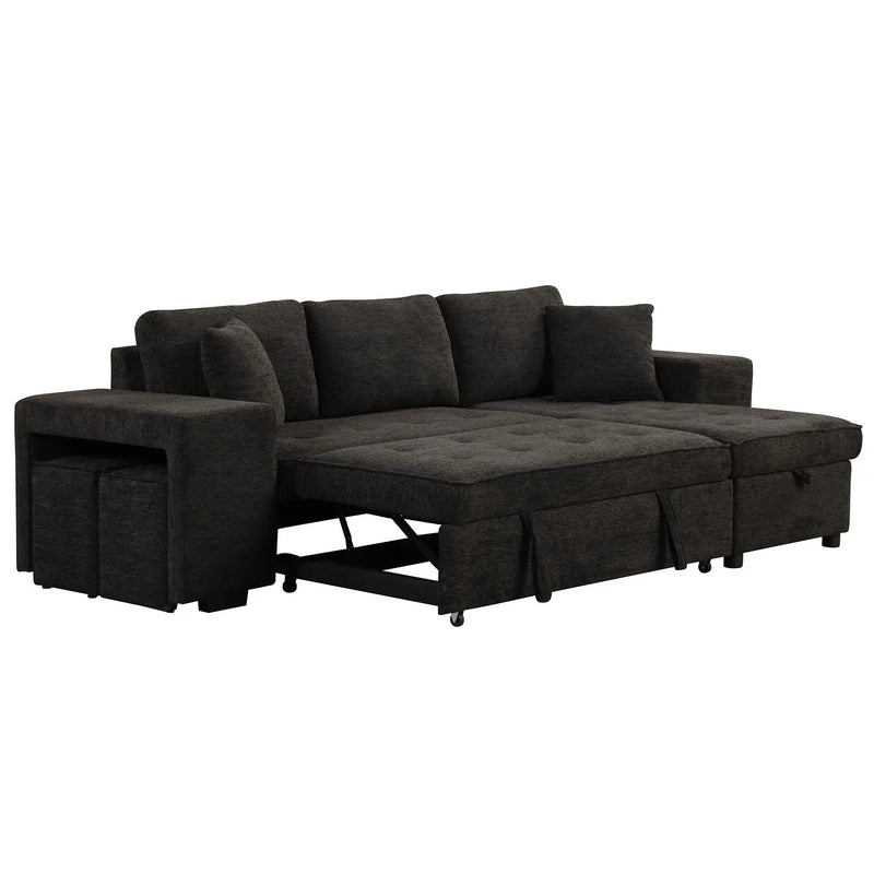 Modern L-Shape 3 Seat Reversible Sectional Couch, Pull Out Sleeper Sofa With Storage Chaise And 2 Stools For Living Room Furniture Set by HouseOfZazla