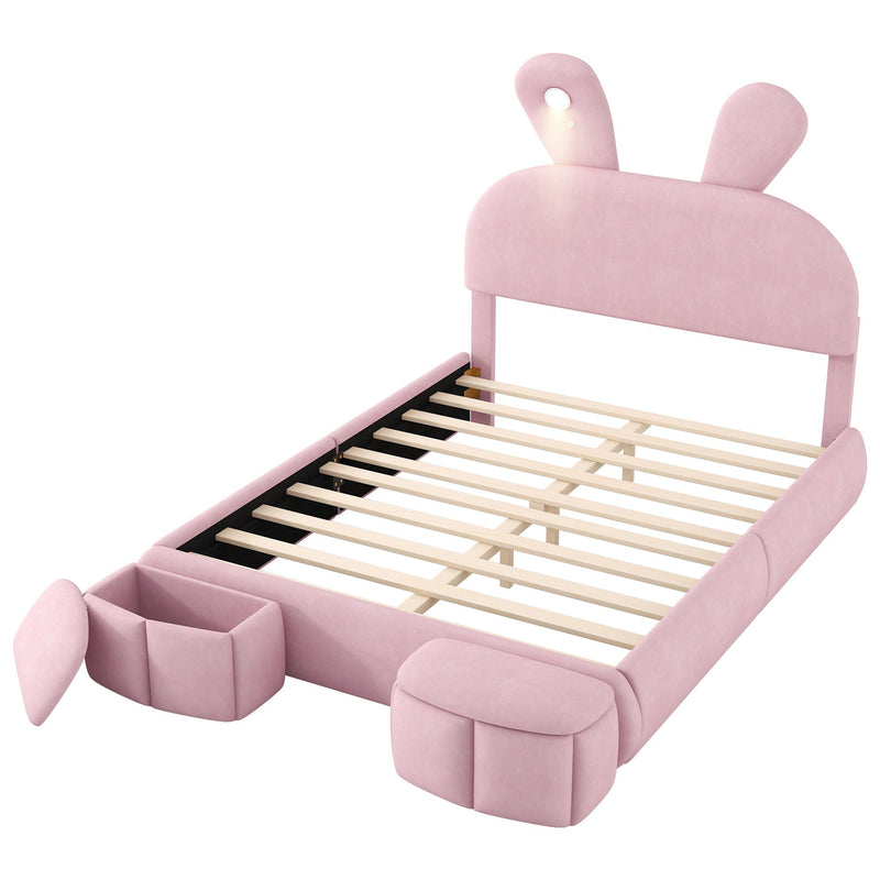Full Upholstered Platform Bed With Cartoon Ears Headboard And LED Light - Pink by HouseOfZazla