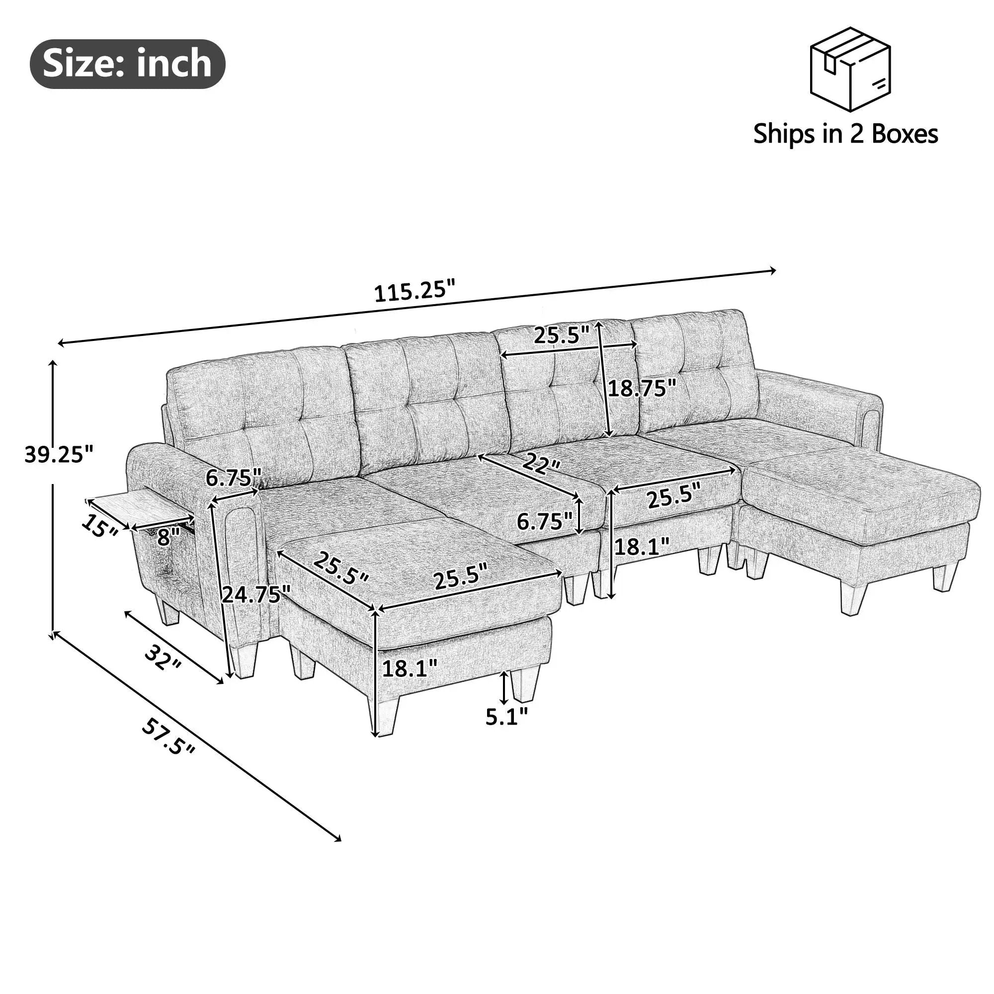 Modular Sectional Sofa With Movable Ottomans, USB Ports & Side Tables by Unique Piece Furniture