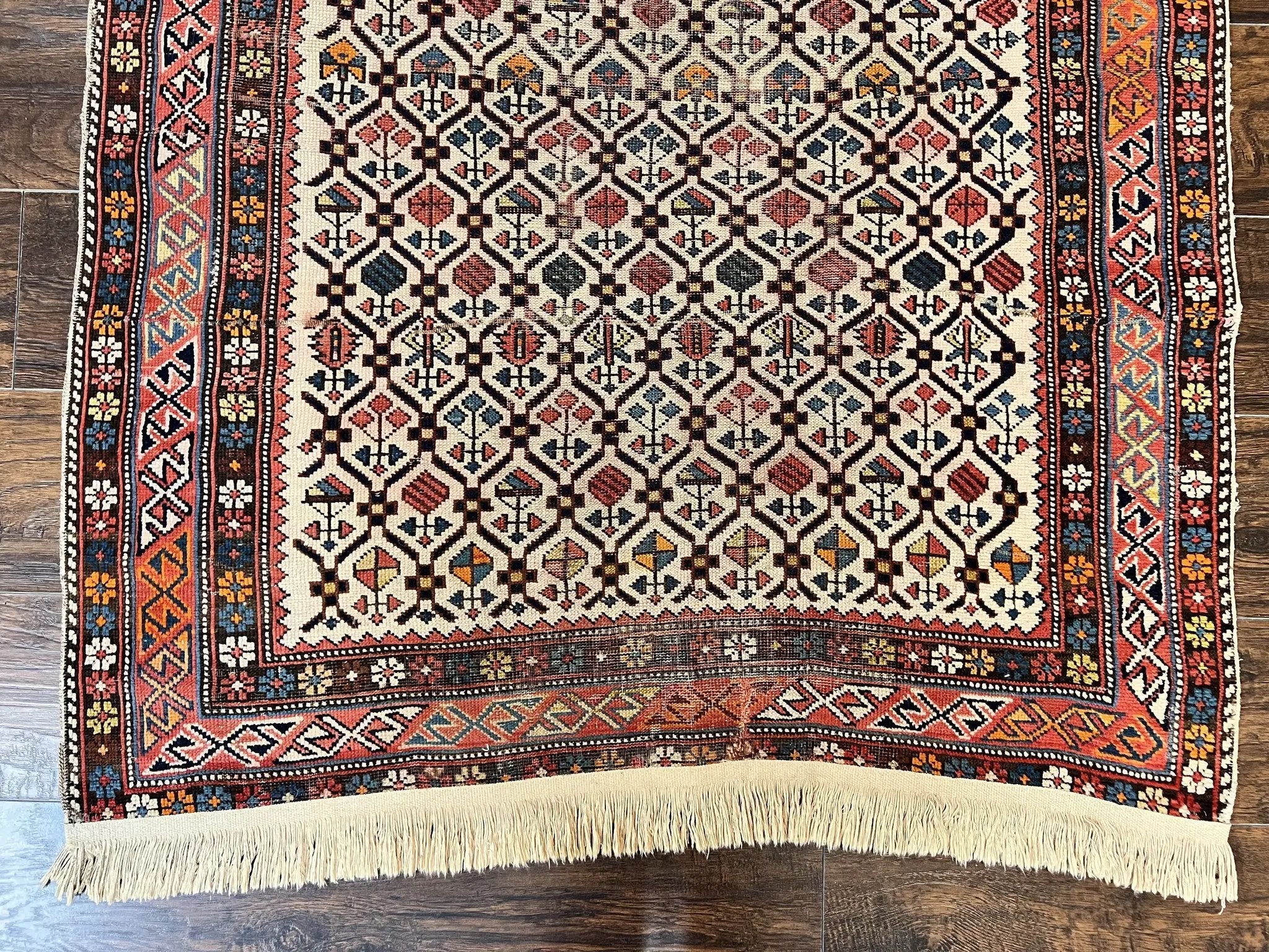 Antique Caucasian Rug 4x5, Hand Knotted Handmade Shirvan Oriental Carpet, Ivory Red Rug Allover Pattern, Rare Wool Rug, Tribal Geometric Rug by Jewel Rugs