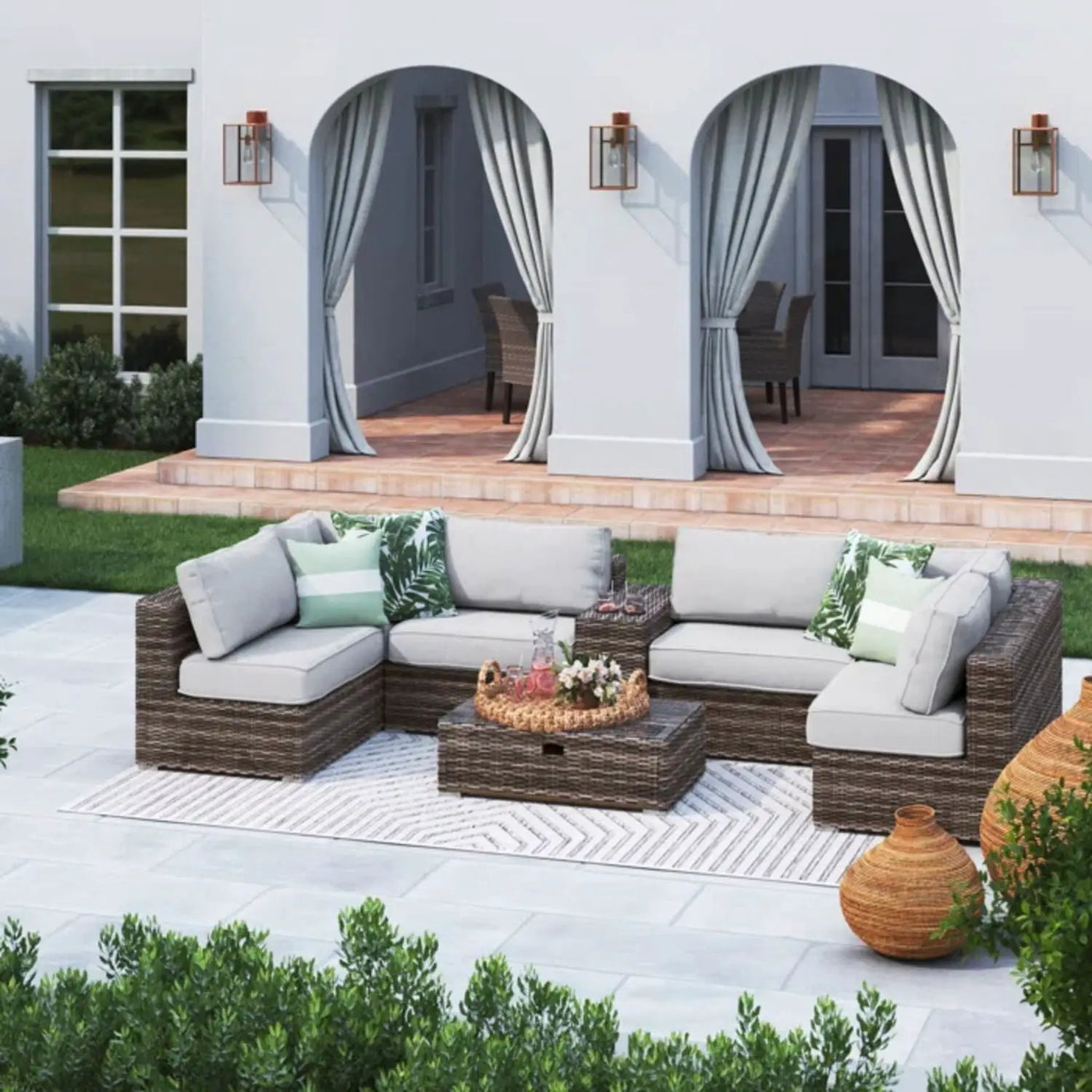 Elegant 4 Person Wicker Patio Seating Set With Cushions And Glass Top Table by Unique Piece Furniture