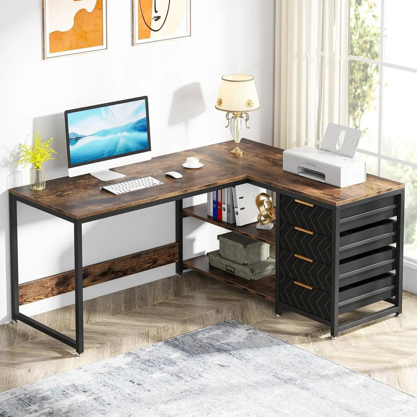 L-Shaped Computer Desk With Drawers And Shelves, Workstation For Home Office by HouseOfZazla