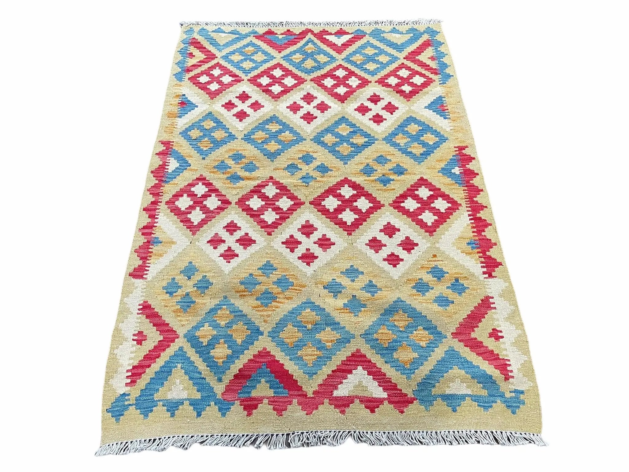 3x5 Kilim Rug Multicolor Tribal Kilim Rug 3 x 5 Tan Light Blue Red Beige New Turkish Anatolian Wool Kilim Flatweave Rug by Jewel Rugs