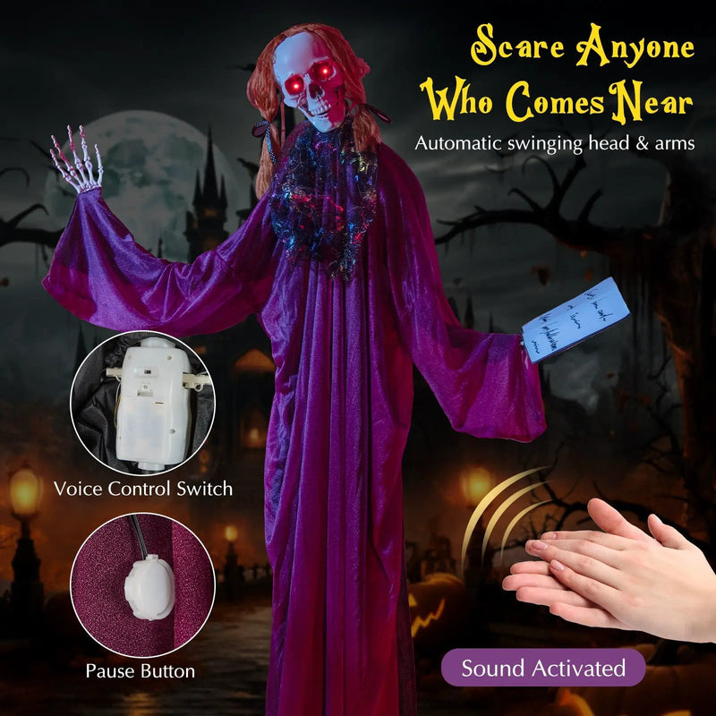 6 Feet Halloween Animatronic Standing Girl Holding Book with Sound-Activated Light-up Eyes and Moving Arms & Head by DirectDeals