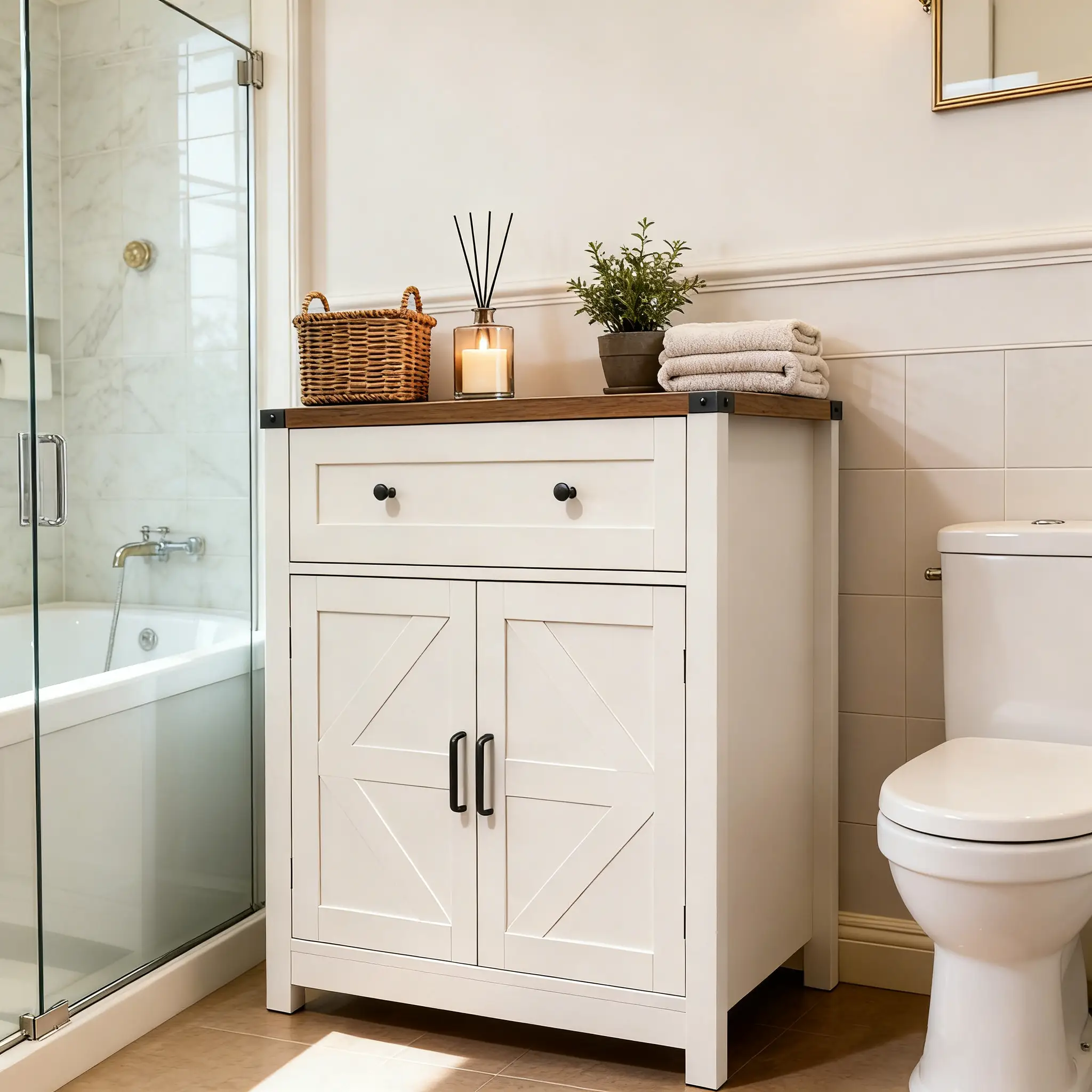 White & Wood-Grain Top Farmhouse Barn-Door Storage Cabinet by HouseOfZazla