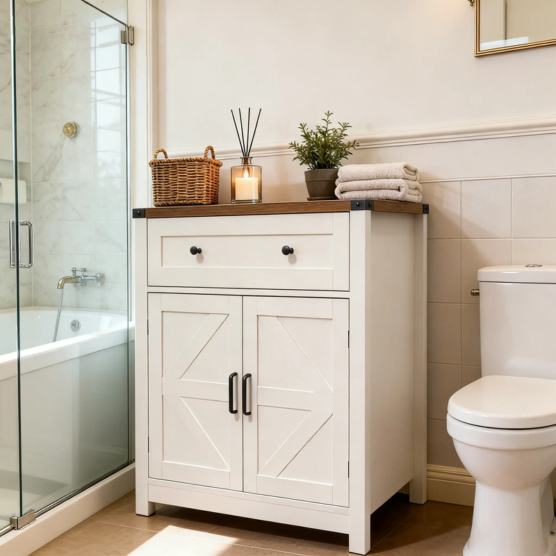White & Wood-Grain Top Farmhouse Barn-Door Storage Cabinet by HouseOfZazla