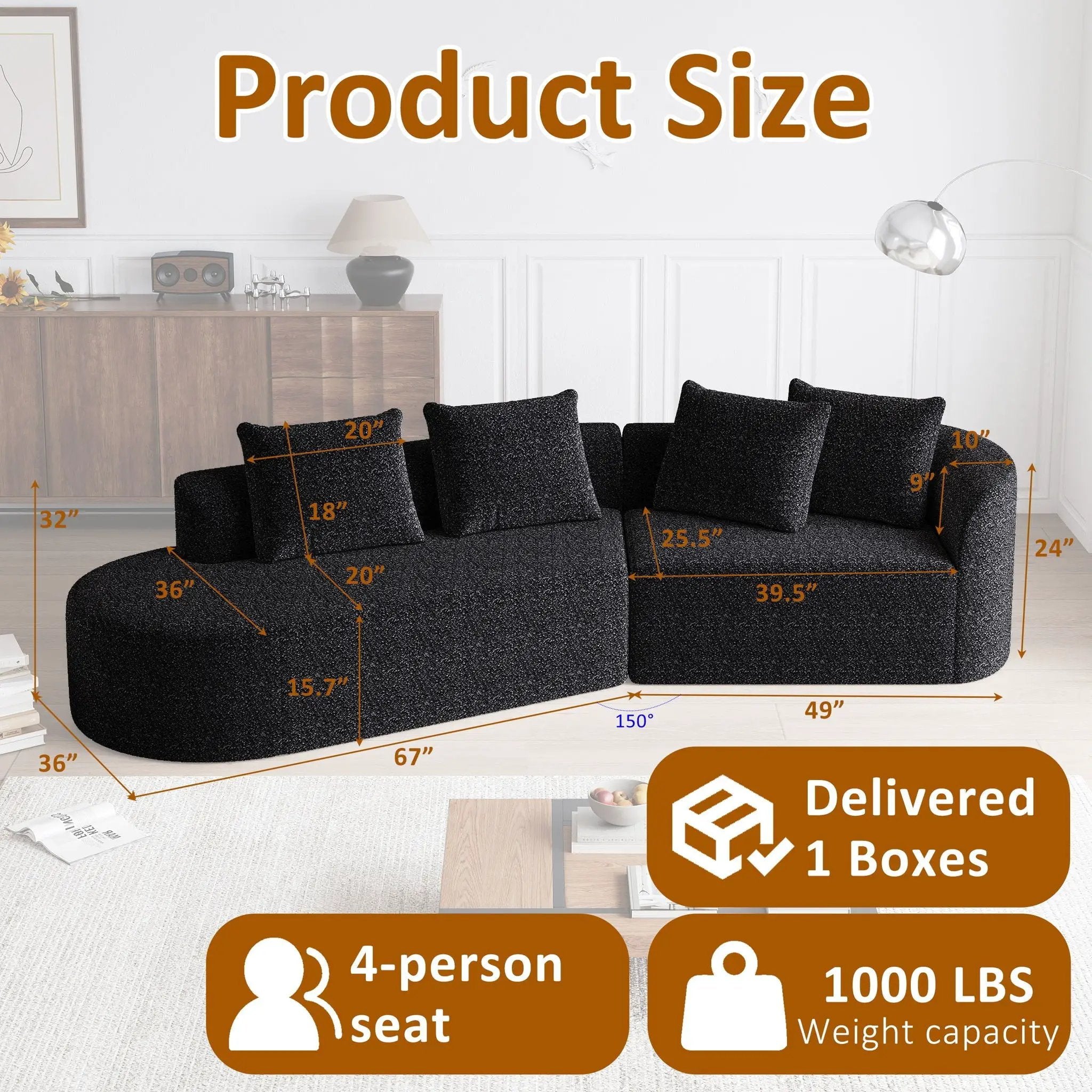 Upholstered Oversized Sectional Sofa, 4 Seater Extra Deep & Wide Seat Curved Cloud Couch With 4 Throw Pillows, Free Combination Living Room - Black by HouseOfZazla