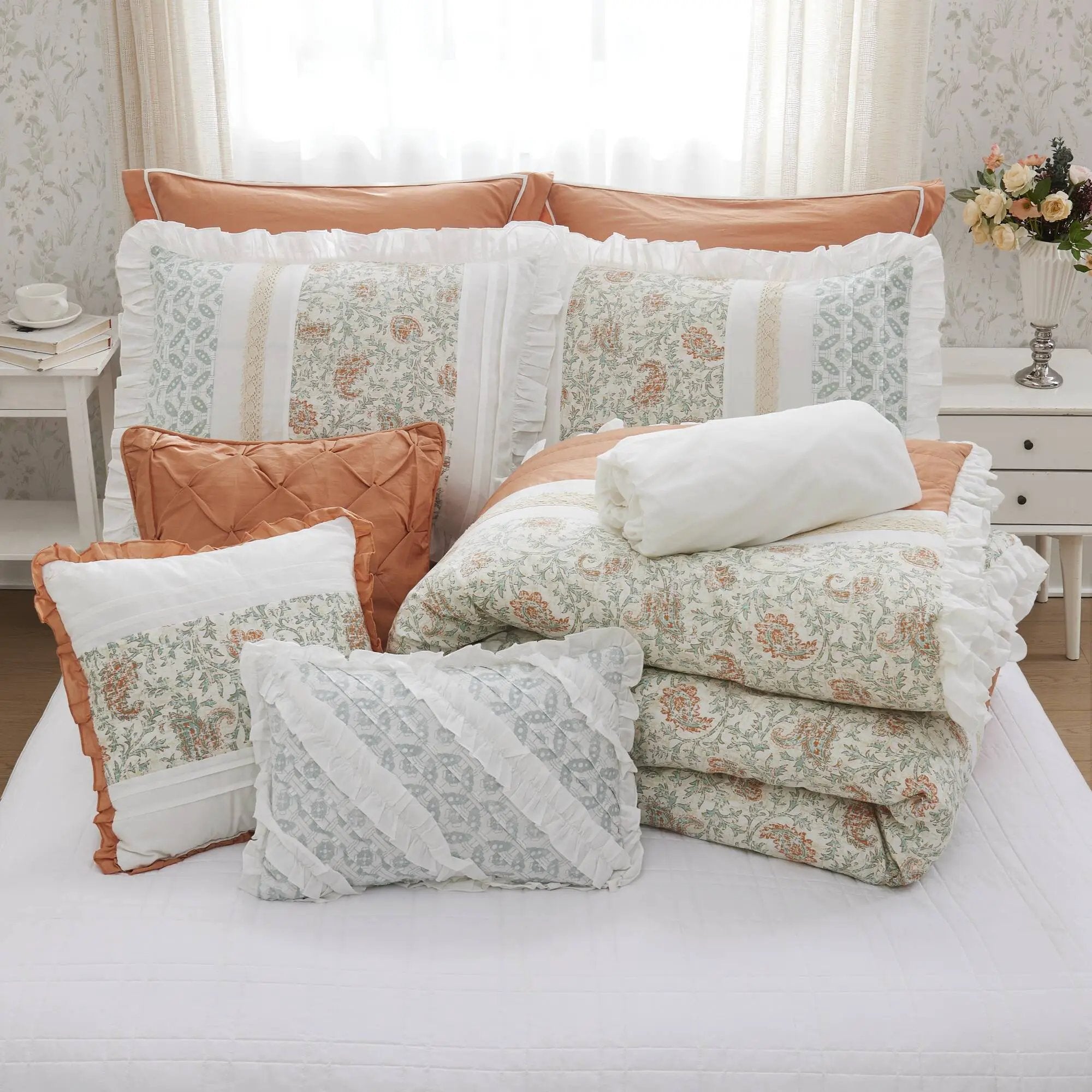 9 Piece Cotton Percale Comforter Set - Coral - King Size by HouseOfZazla