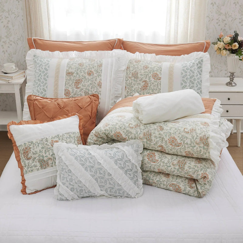 9 Piece Cotton Percale Comforter Set - Coral - King Size by HouseOfZazla