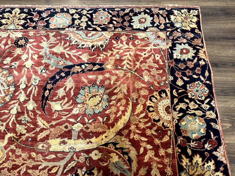 Indian Agra Rug 9x11, Terracotta and Navy Blue, Sickle Leaf Rug by Jewel Rugs