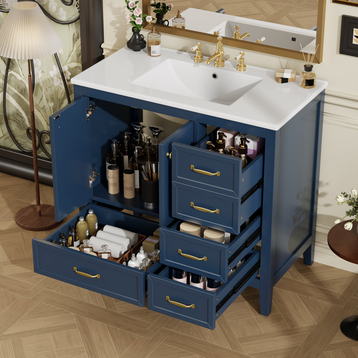 36" Bathroom Vanity with Ceramic Sink and Multi-Tier Storage - Blue, Black, or Grey