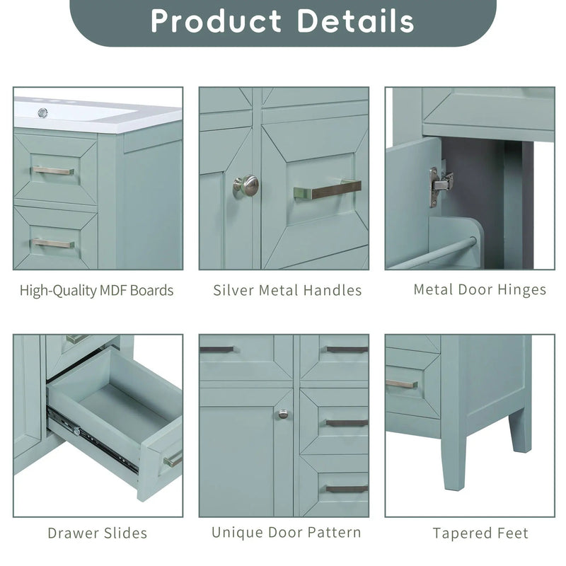 30" Bathroom Vanity Without Sink, Cabinet Base Only, Bathroom Cabinet With Drawers - Green by HouseOfZazla