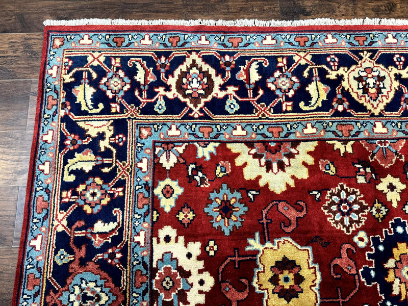Indo Heriz Rug 8x10, Red and Navy Blue, Allover Pattern, Wool Handmade Carpet by Jewel Rugs