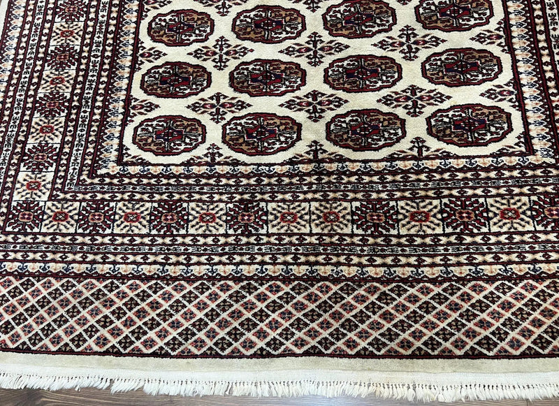 Pakistani Turkoman Rug 6x9, Cream and Red Hand Knotted Wool Oriental Carpet, Yamud Rug, Tribal Rug 6 x 9, Bohemian Area Rug, Bokhara Rug by Jewel Rugs