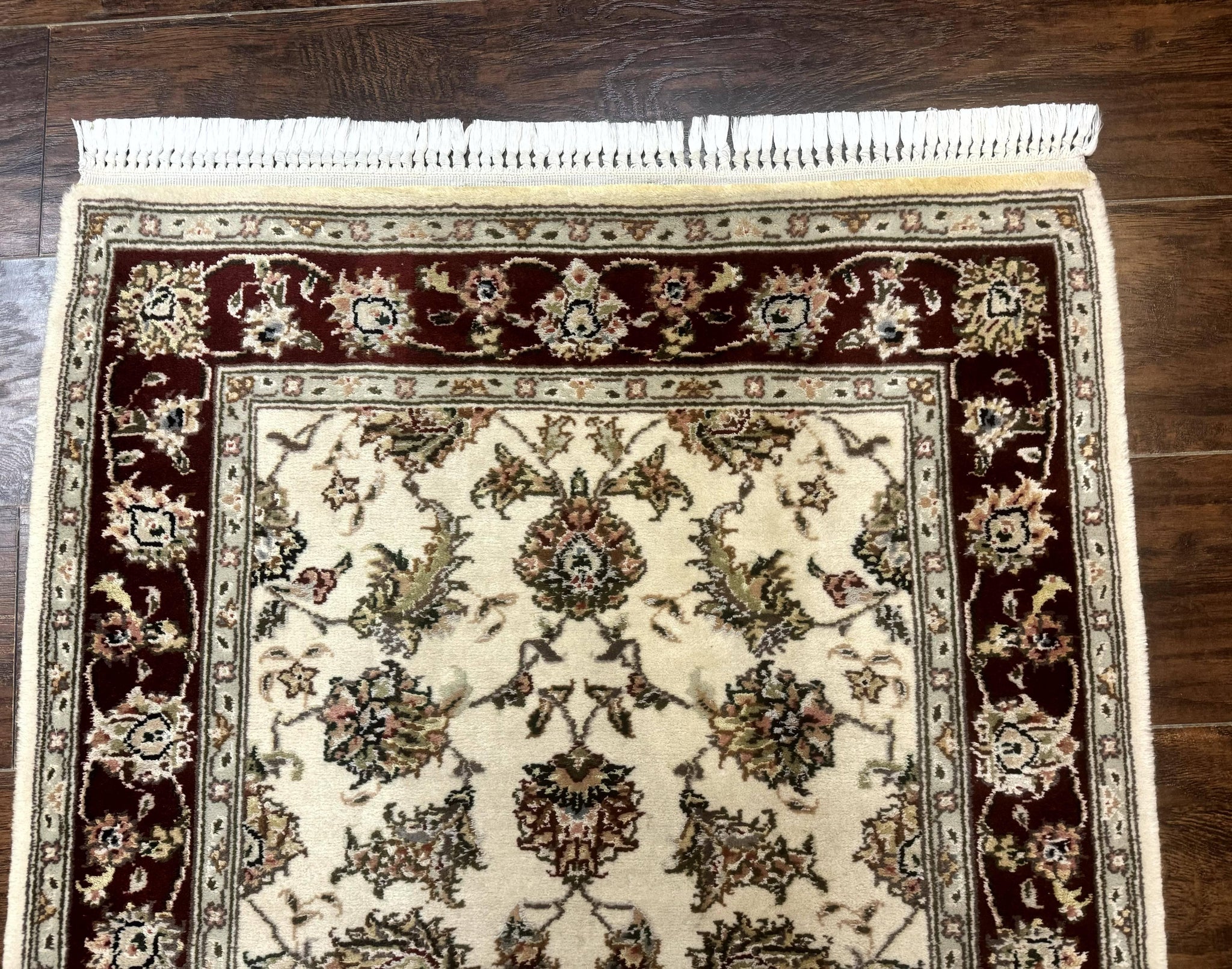 Pak Persian Runner Rug 2.8 x 8, Handmade Vintage Carpet, Beige and Maroon, Wool and Silk Highlights by Jewel Rugs