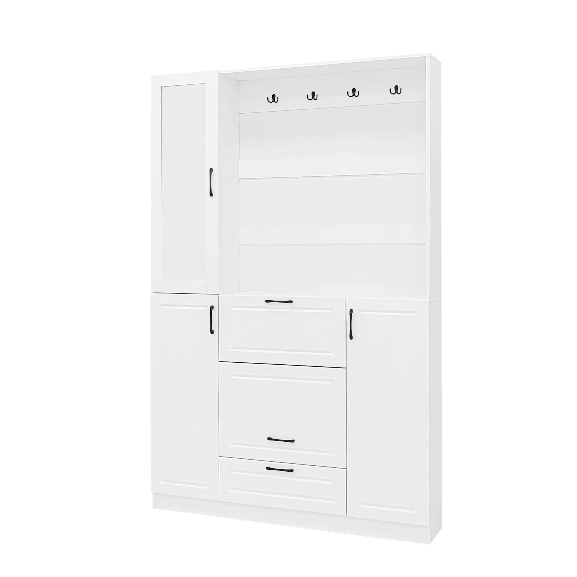 Entryway Bench With Integrated Shoe Cabinet, 3 In 1 Design And Mirrored Cabinet Door, Hall Tree With 4 Sturdy Hooks And Foldable Seat For Entrance, Living Room - White by HouseOfZazla