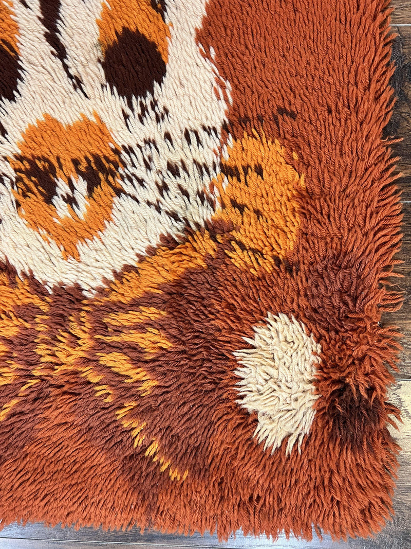 Rya Shag Rug 2x4, Rabbit in Top Hat, Wool, Orange, Vintage 1960s Danish Shag Rug by Jewel Rugs