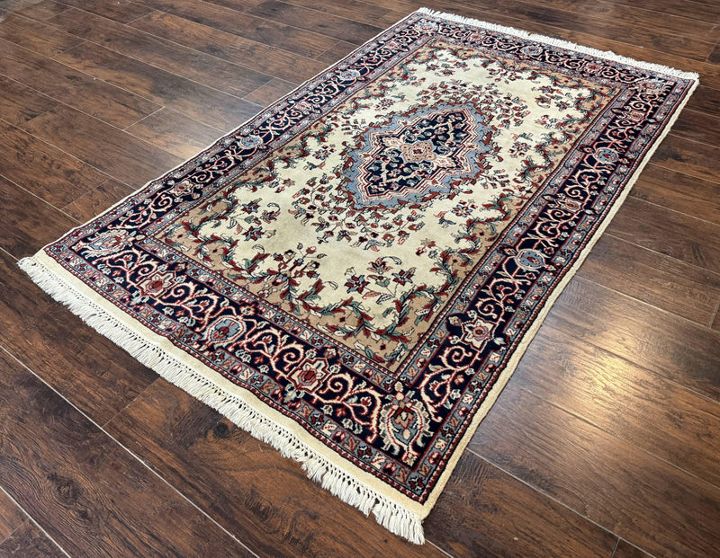 Indian Kashmiri Rug 4x6, Ivory Beige Navy Blue, Traditional Indo Persian Rug by Jewel Rugs
