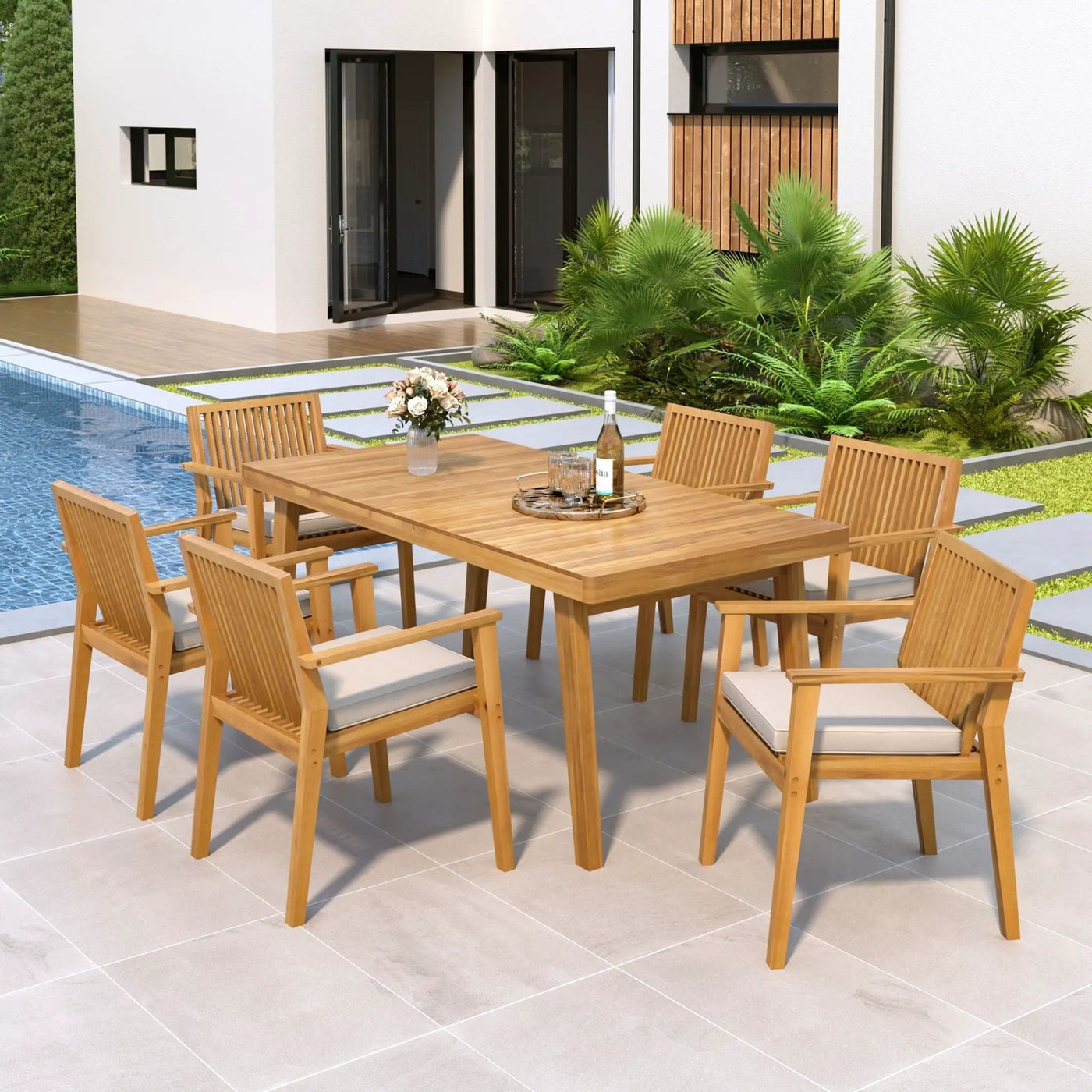 7 Piece Patio Furniture Set Acacia Wood Table And 6 Cushioned Chairs by HouseOfZazla