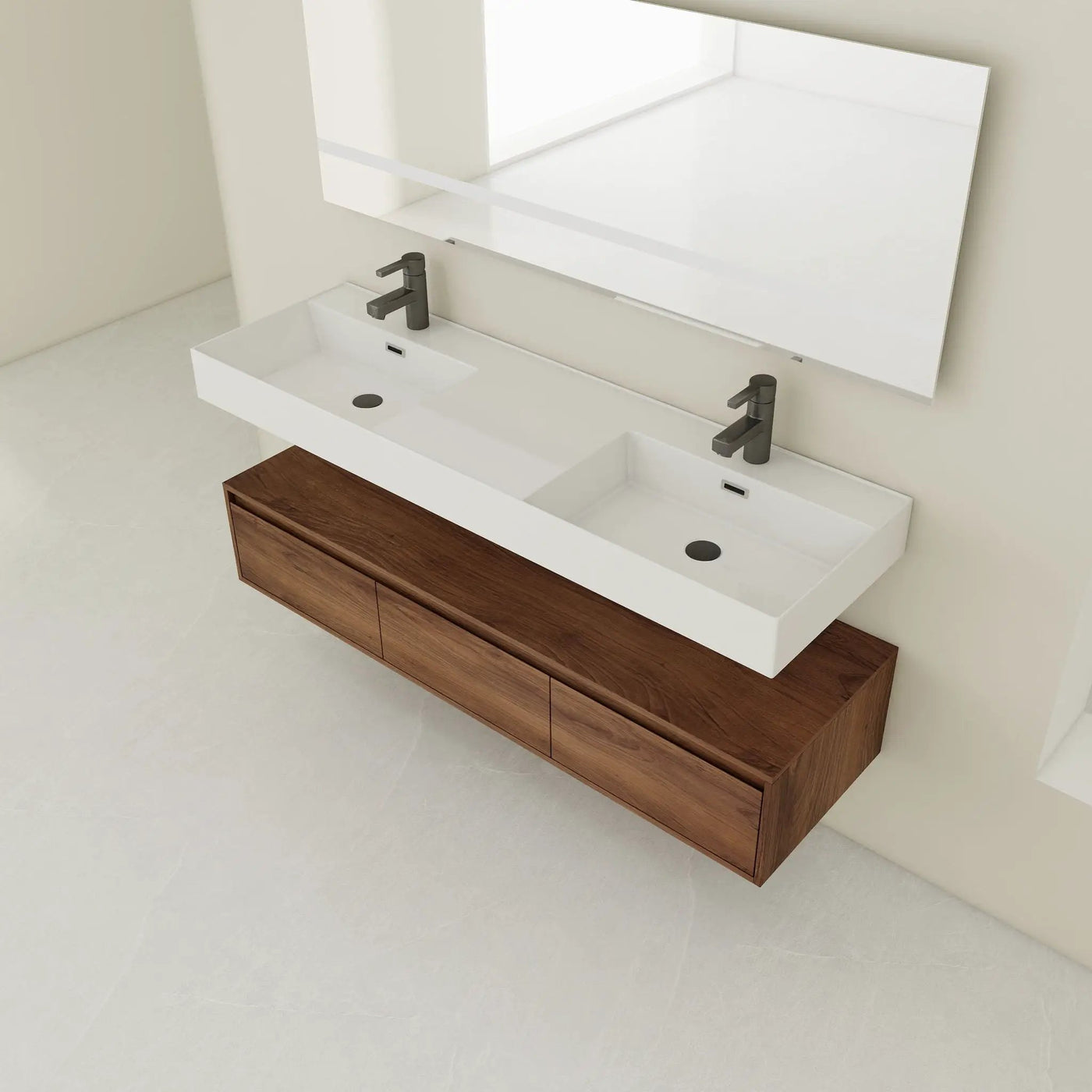 Contemporary Wall Mounted Bathroom Vanity With Dual Resin Sink And Soft Close Drawer by HouseOfZazla