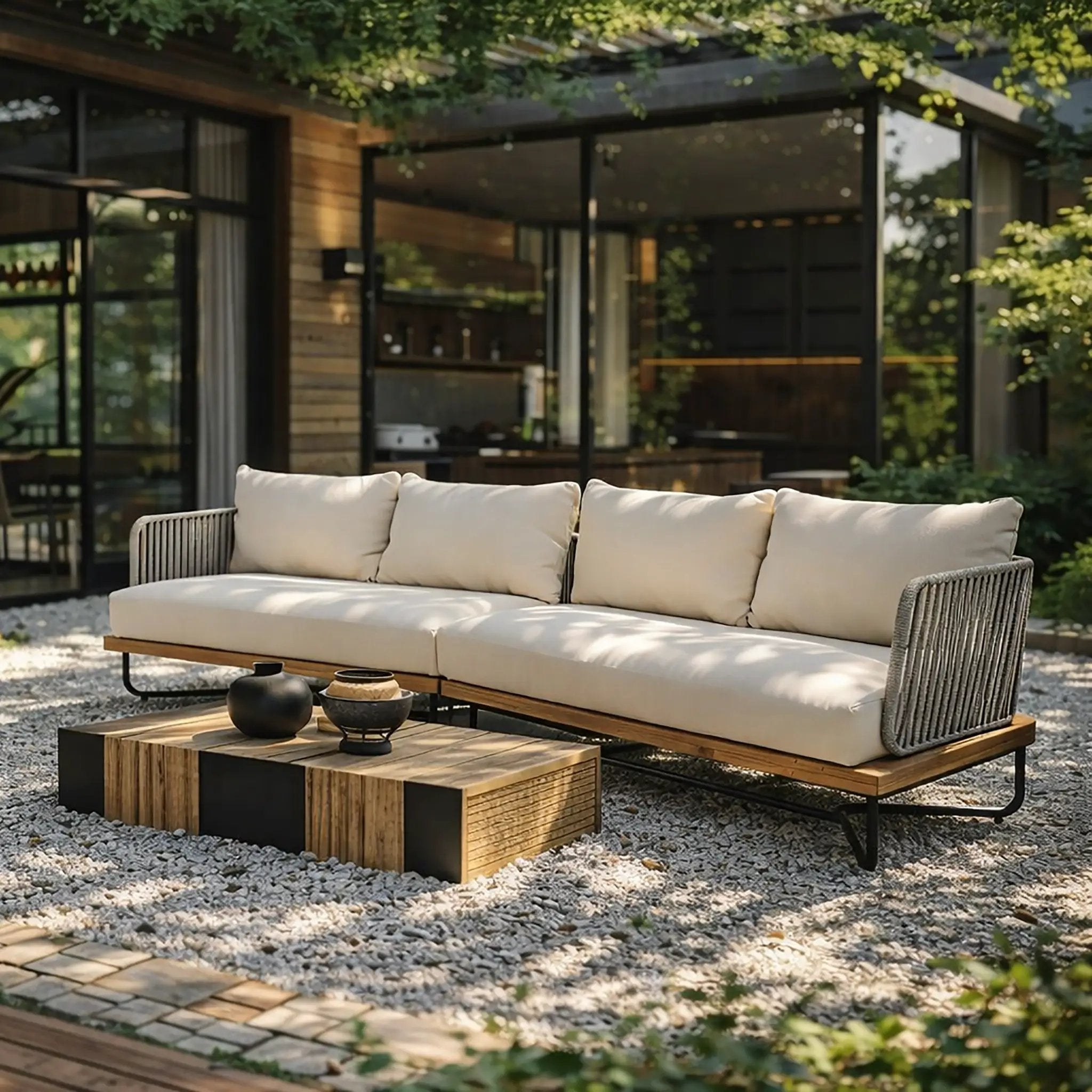 Lucca Outdoor Acacia Wood Rope Woven Sofa Sectional Set by HouseOfZazla