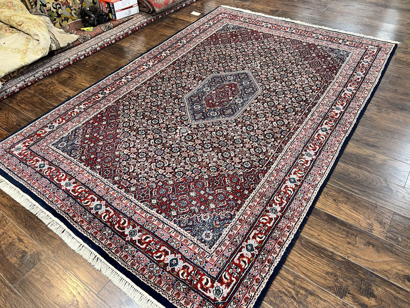 Indo Persian Rug 7x10, Dark Blue and Red Hand Knotted Wool Vintage Oriental Carpet 7 x 10 ft, Handmade Bidjar Rug, Herati Pattern Indian Rug by Jewel Rugs