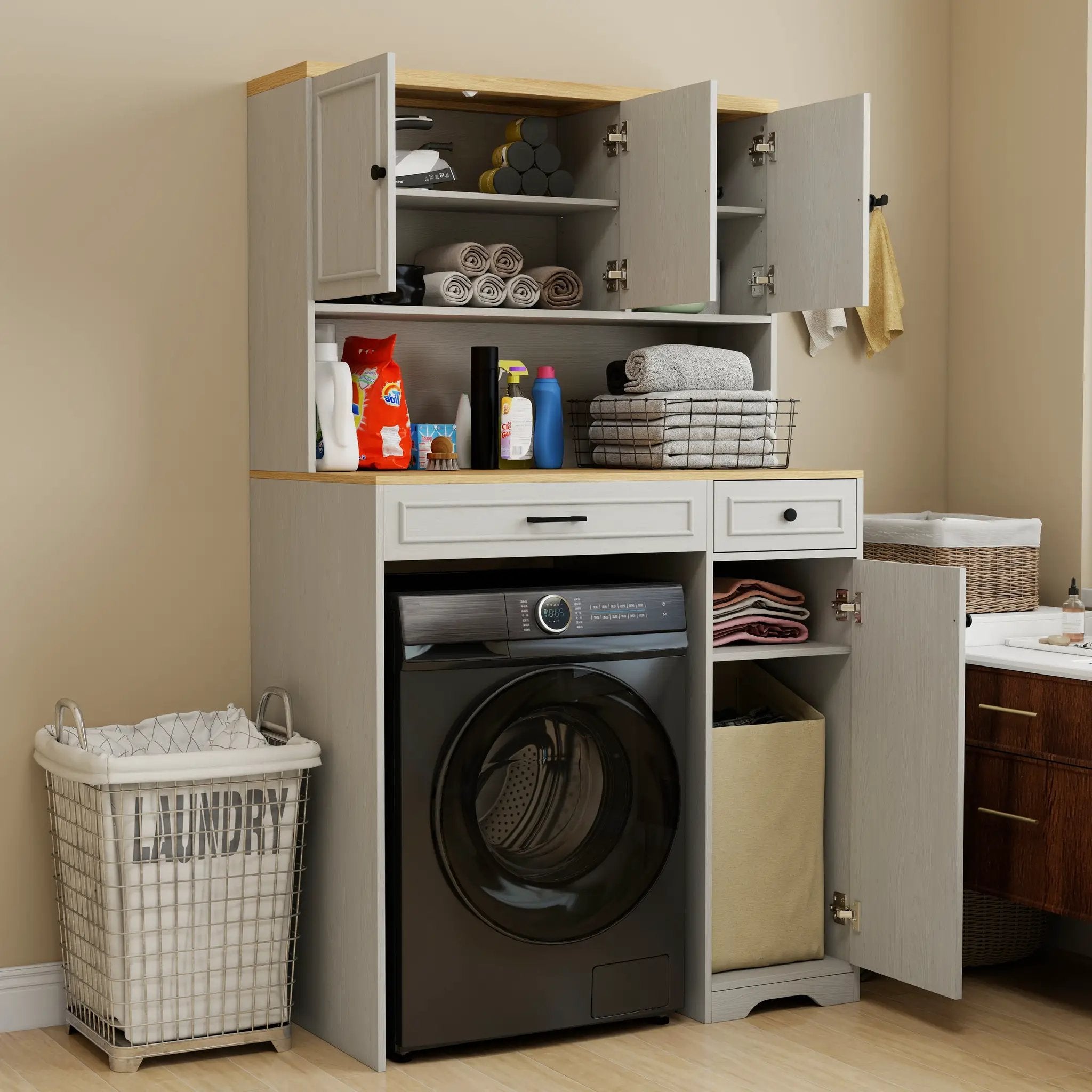 Over The Washer, Dryer And Robot Vacuum Storage Cabinet - Antique by HouseOfZazla