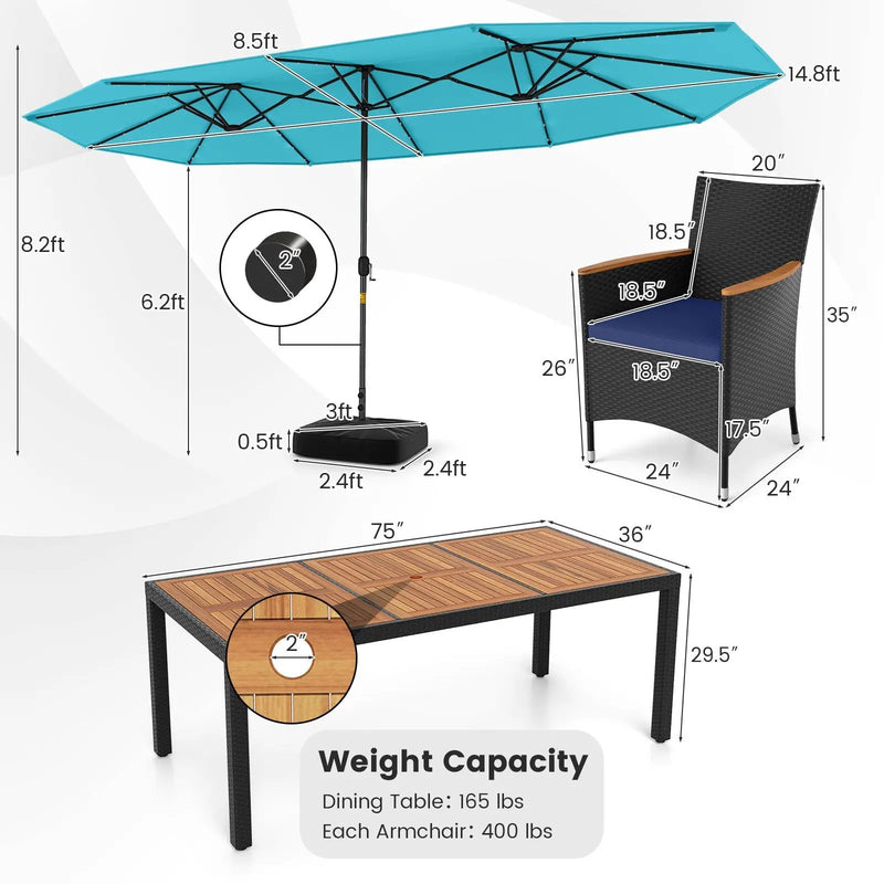 11 Pieces Patio Dining Set with LED Patio Umbrella with Base and Seat Cushions (Navy) by DirectDeals