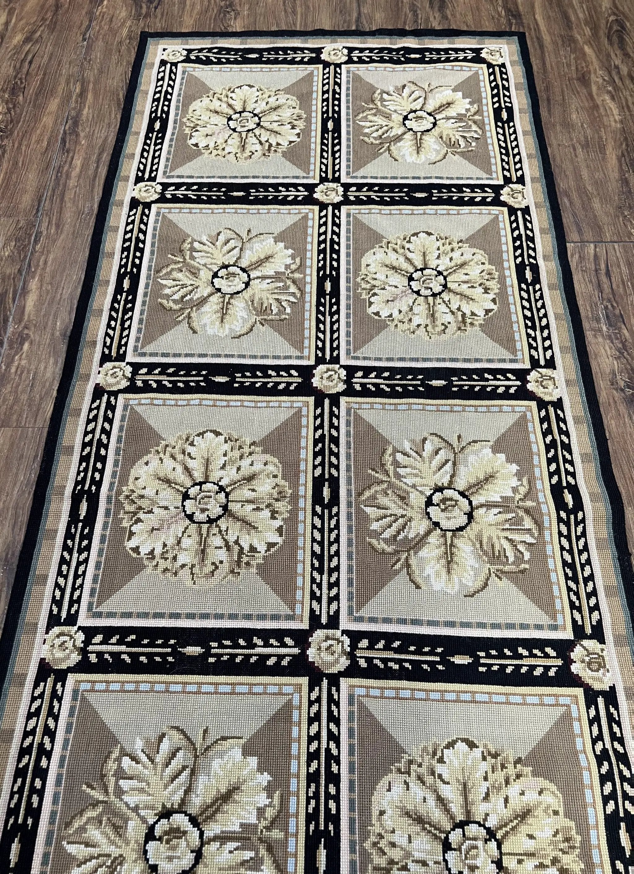 Needlepoint Runner Rug 3x8 Panel Design Rug, Flatweave Runner Rug, English Design, Floral, Short Runner Rug, Black and Beige Wool Hand-Woven by Jewel Rugs