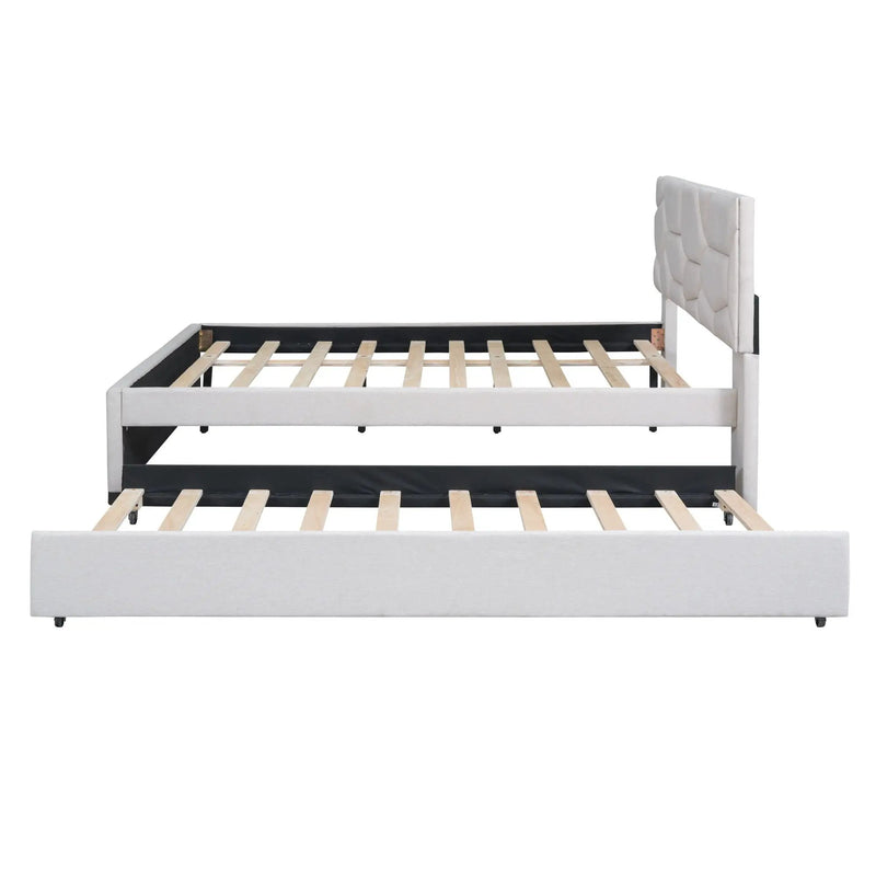 Upholstered Platform Bed With Brick Pattern Headboard And Twin Long Size Trundle by HouseOfZazla