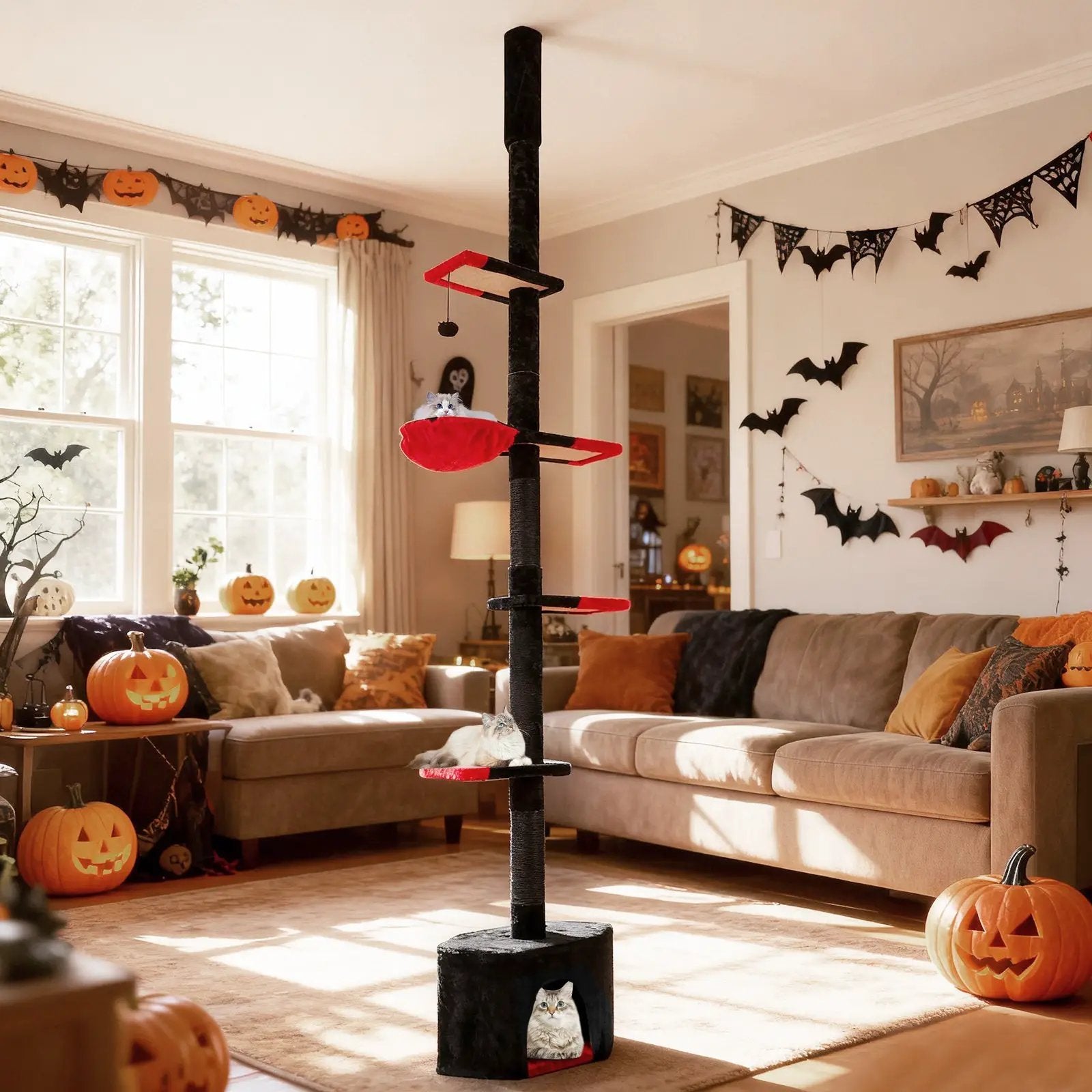 Floor to Ceiling Gothic Cat Tree 97-118 Inches Adjustable 5-Tier with Condo-Black by DirectDeals