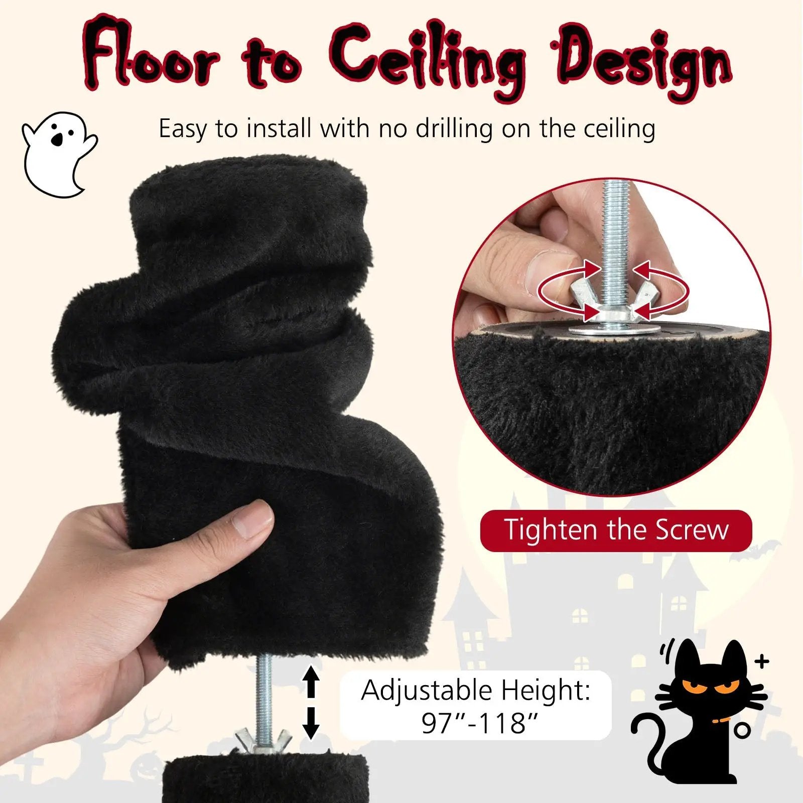 Floor to Ceiling Gothic Cat Tree 97-118 Inches Adjustable 5-Tier with Condo-Black by DirectDeals