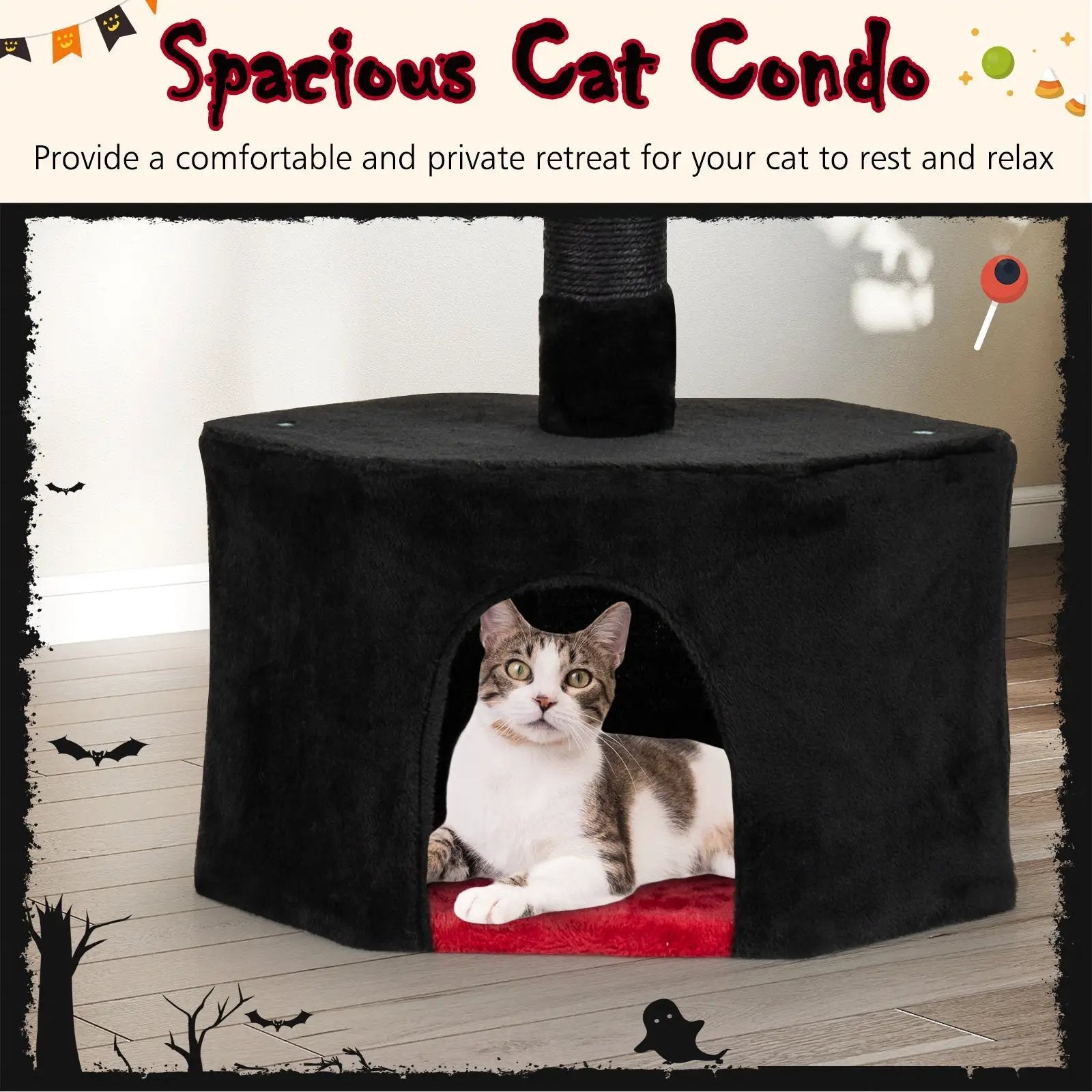 Floor to Ceiling Gothic Cat Tree 97-118 Inches Adjustable 5-Tier with Condo-Black by DirectDeals