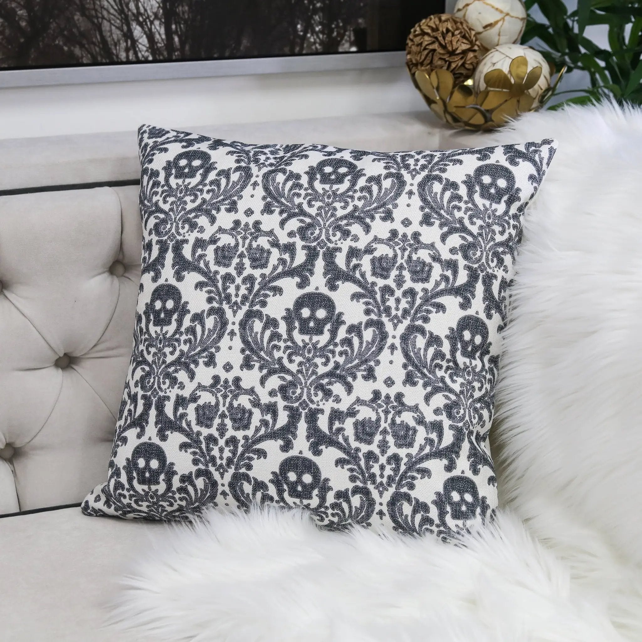 Baroque Skull Damask Accent Pillow – Black & White Day of the Dead Accent Cushion by HouseOfZazla