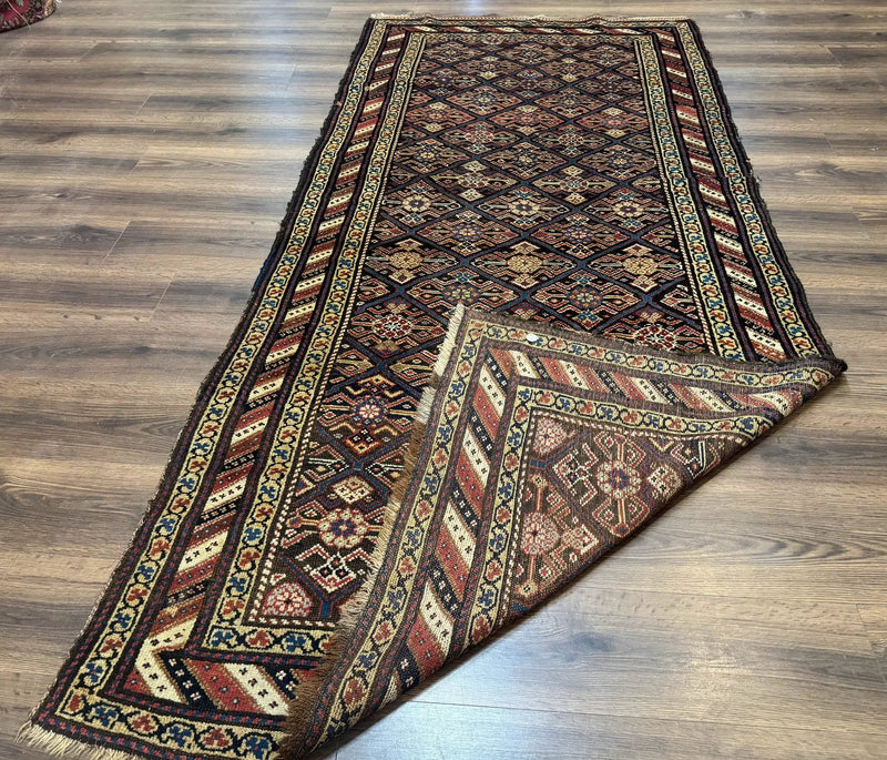 Antique Persian Wide Runner Rug 4x9, Kurdish Rug, Panel Design, Rainbow Border, Rare Tribal Rug by Jewel Rugs
