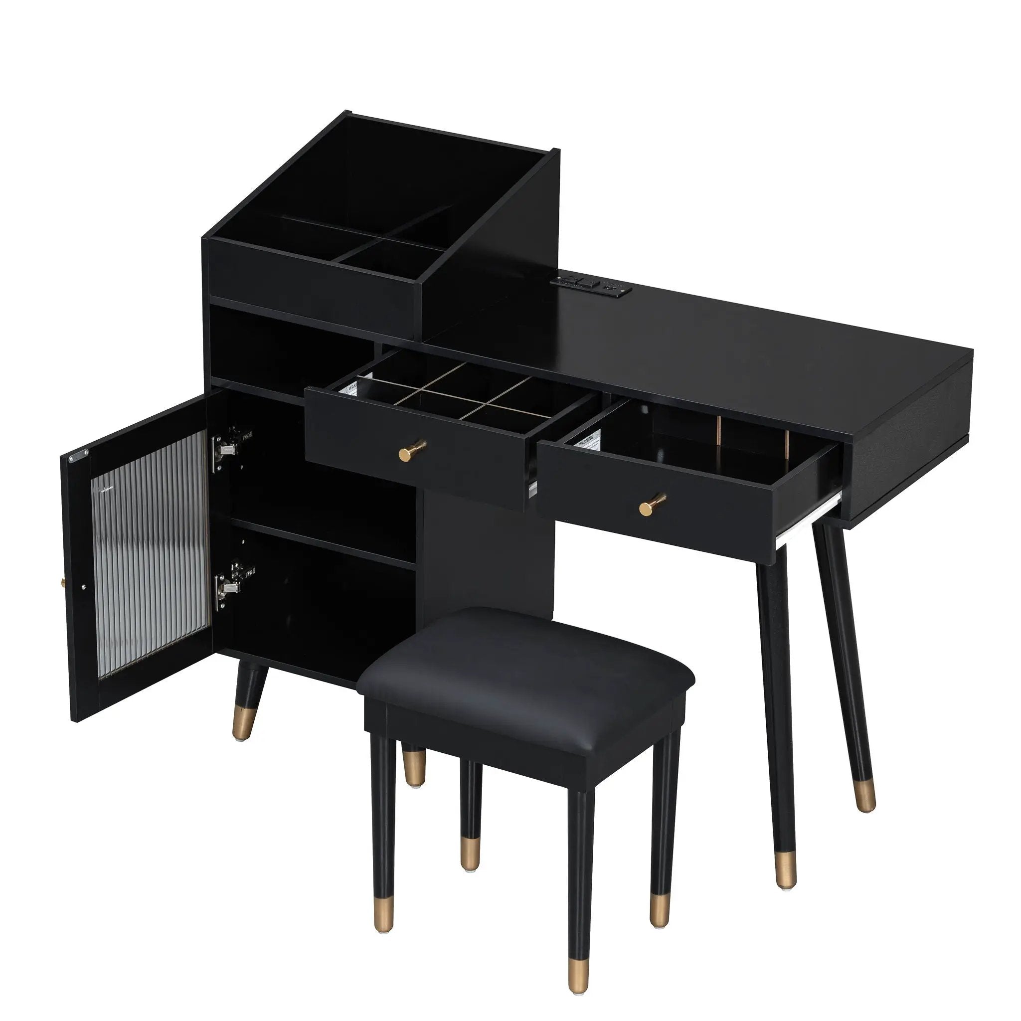 Modern Makeup Vanity Desk With Drawers Cabinet & Charging Port Engineered Wood Space Saving Design For Small Places - Black by Unique Piece Furniture