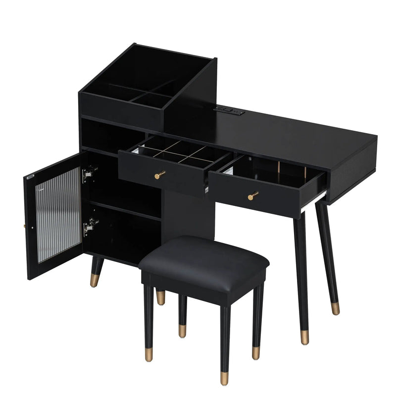 Modern Makeup Vanity Desk With Drawers Cabinet & Charging Port Engineered Wood Space Saving Design For Small Places - Black by HouseOfZazla