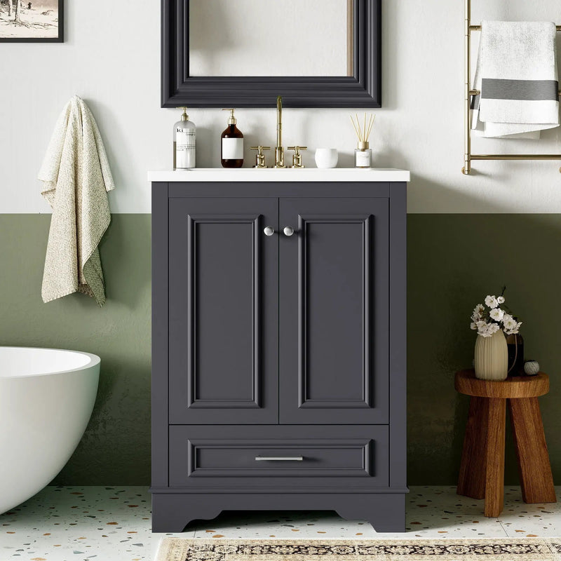 Bathroom Vanity With Ceramic Sink Combo, Modern Freestanding Storage Cabinet With Silver Handles by HouseOfZazla