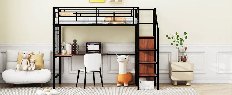 Loft Bed With Desk And Grid, Stylish Frame With Lateral Storage Ladder And Wardrobe by HouseOfZazla